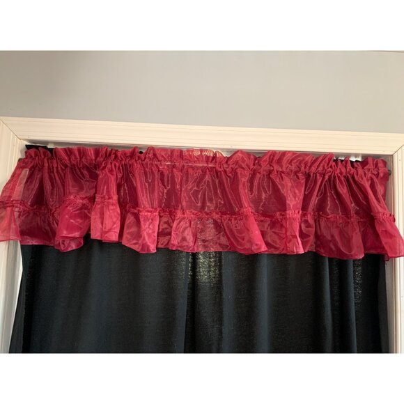 Vintage Red Sheer Ruffled Valance Curtains 84" x 12" Elegant Shiny Fabric Window - Picture 3 of 3